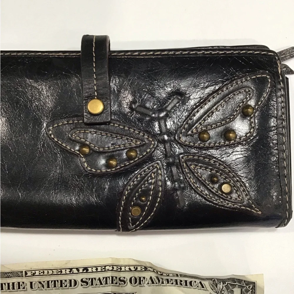 Fossil All LEATHER Black Butterfly Snap Closure Wallet - Picture 2 of 8